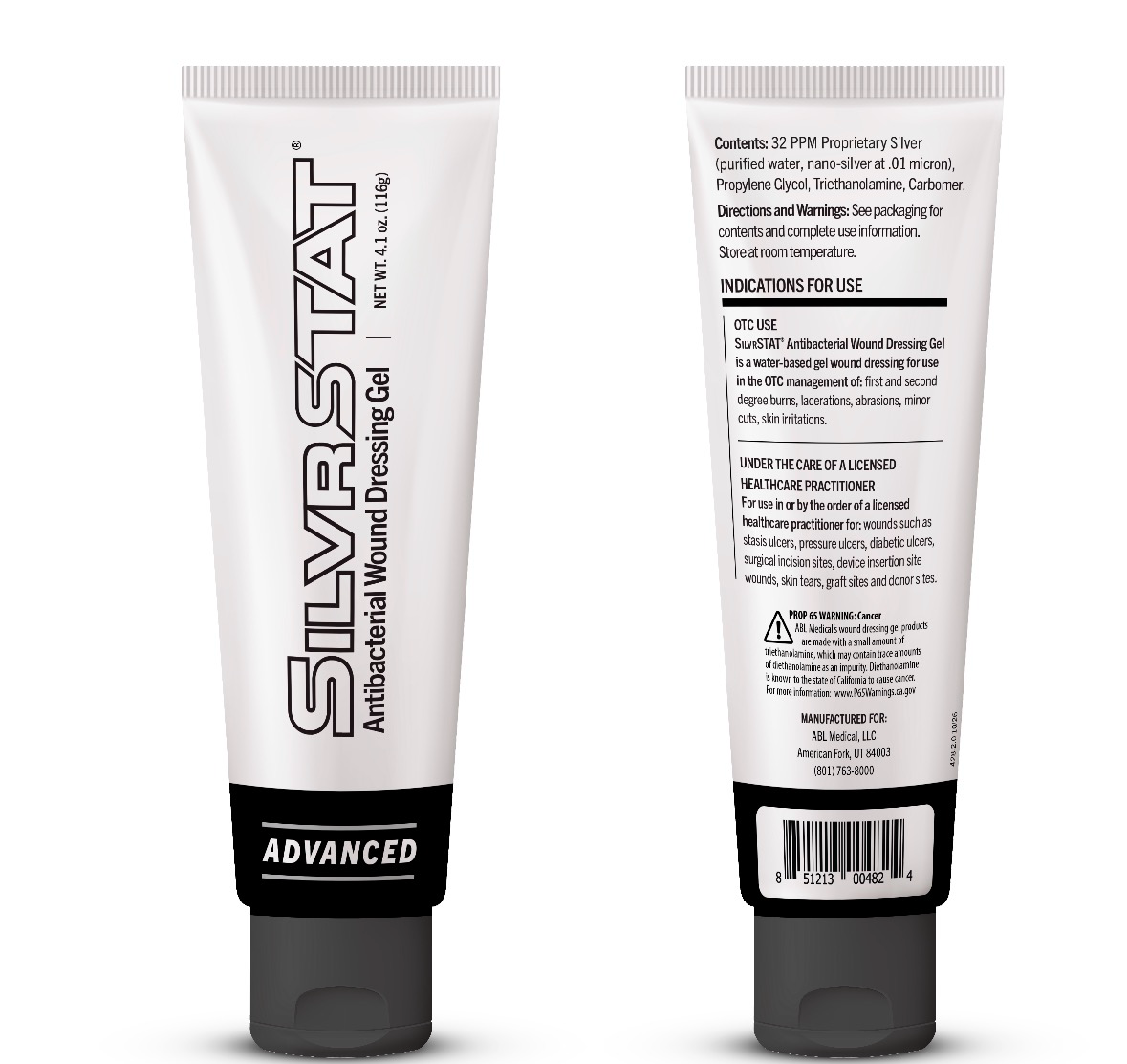 SilvrSTAT Advanced antibacterial wound dressing gel, front and back of tube
